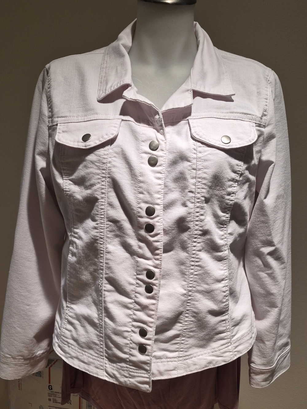 White Denim Jacket with Snap Front, Size Large. Live A Little